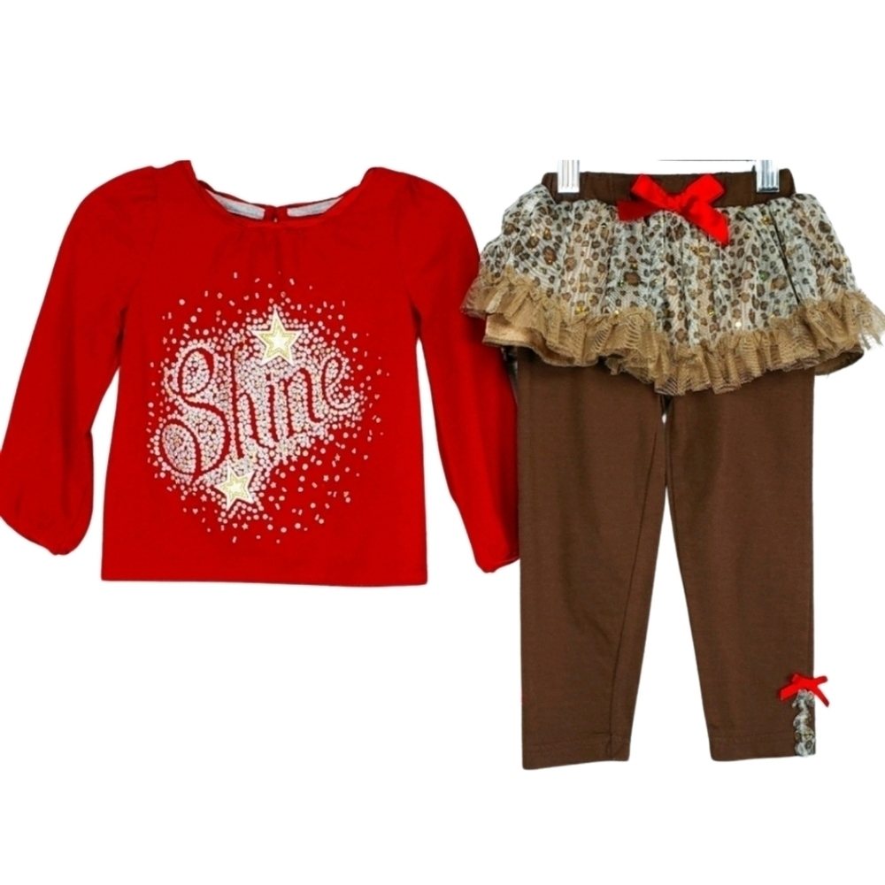 Cherokee Girls Outfit Size 24 months 2t Shirt Pants Red Brown Animal Print